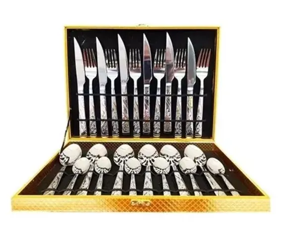 Jogo Faqueiro Inox 24 Peças C/ Detalhes Dourado + Maleta z1280