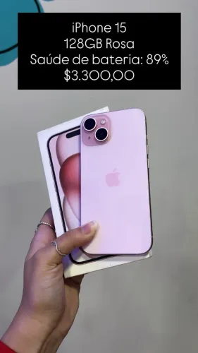 iPhone 15  / 128GB / Rosa / Saúde de bateria 89% / R$ 3.350,00