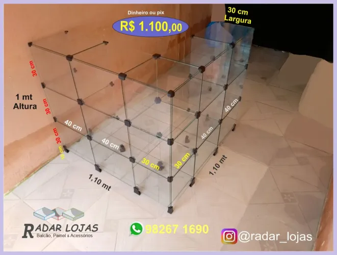 Balcão de vidro em L - 1,10x1,10 novo