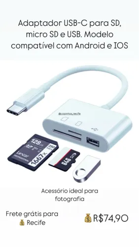 Adaptador USB-C para SD, micro SD e USB - Android e IOS