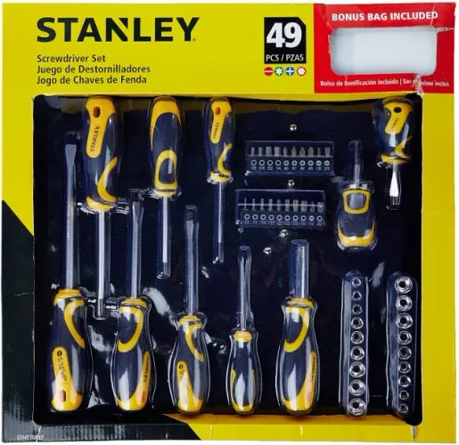 Jogo de Chaves de Fenda, Phillips e Soquetes Stanley e Bolsa 49 Peças, Amarelo/Preto nOVO