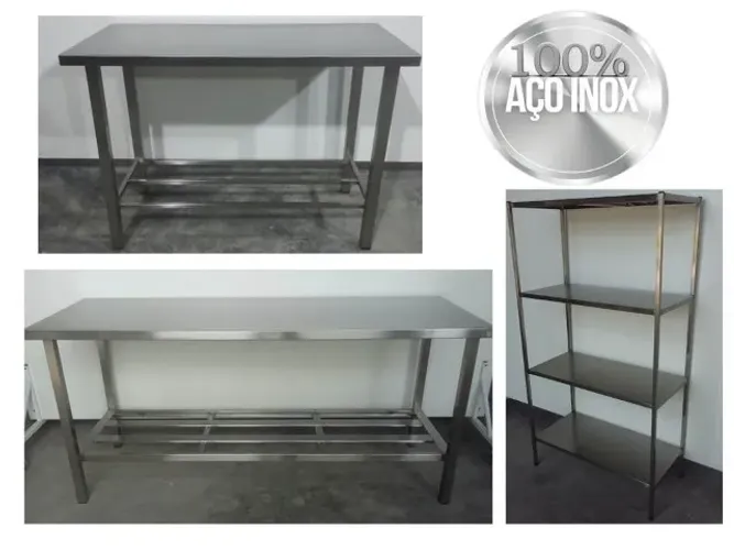 Mesas em diversas medidas , estantes e prateleiras em inox para equipar a sua cozinha