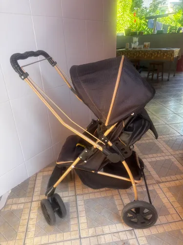 Carrinho galzerano reversível com bebê conforto.