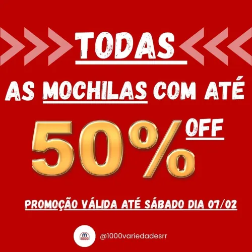 Promoção mochilas com 50%OFF