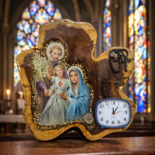 Oratório em Madeira Nobre com Relógio, Terço e Resina Epóxi