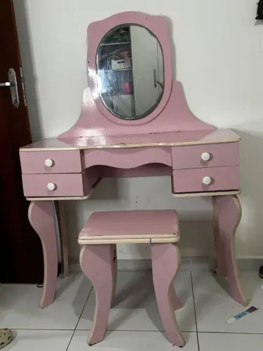 Penteadeira Infantil Rosa com Espelho + Banquinho