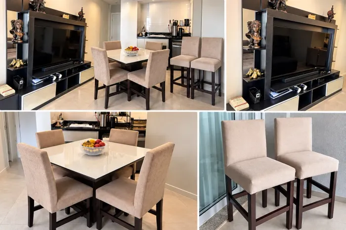 Desapego - Rack, Mesa de Jantar com 4 Cadeiras e Banquetas | Ótimos Preços