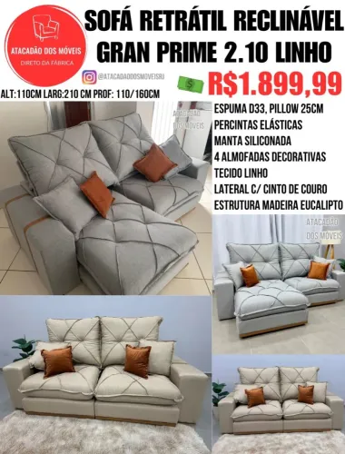 Sofá Retrátil reclinável Gran Prime 2.10 Linho