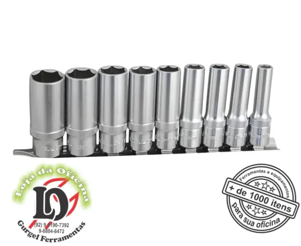 Jogo de soquete longo sextavado 1/2 com 9 pcs de 10 a 14, 17, 19, 21 e 22mm - Bovenau
