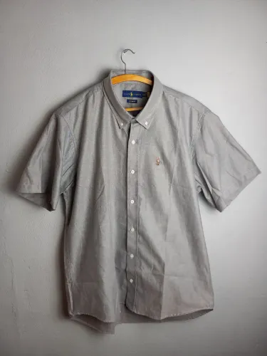 Camisa Ralph Lauren Oxford Cinza Custom Fit GG Original
