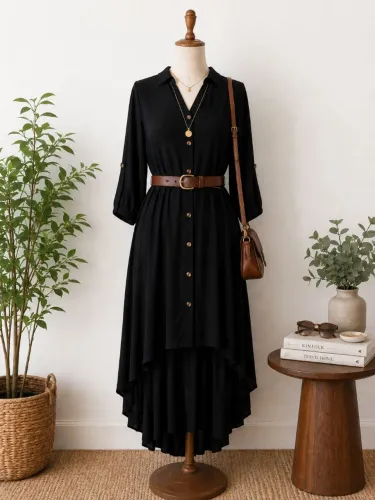 Vestido Preto Feminino Mullet com Botões | Casual, Social e Elegante | Manga 3/4