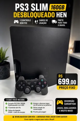 PS3 Slim 160GB Desbloqueado HEN + Controle Sem Fio - R$ 699 (