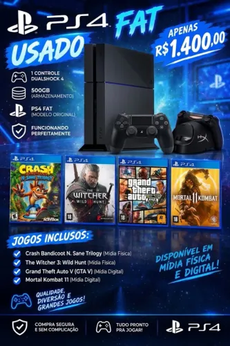 PlayStation 4 com Controle, Dock HyperX e 4 Jogos