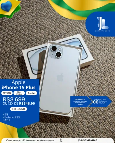 IPHONE 15 PLUS, 5G, 128GB, CHIP FÍSICO, ANATEL, AZUL, SEMINOVO , EXCLUSIVO!