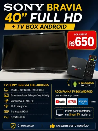 TV Sony Bravia 40" Full HD KDL-40HX755 - Único dono, netflix