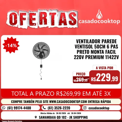 VENTILADOR PAREDE VENTISOL 50CM 6 PAS PRETO MONTA FACIL 220V PREMIUM 11422V