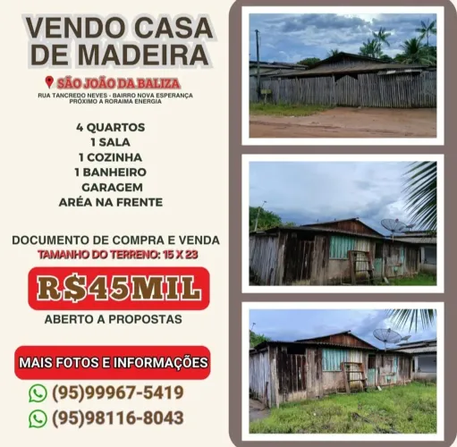 Vende-se Casa de Madeira em São João da Baliza 