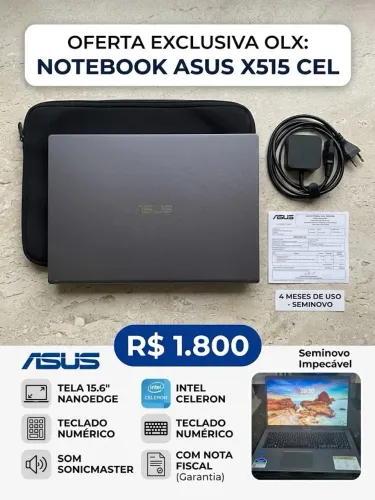 Notebook ASUS X515 Intel Celeron 15.6" NanoEdge - Seminovo (4 meses de uso)