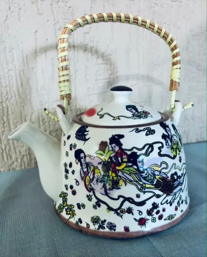 Bule Chaleira Cerâmica Chinesa Com Infusor E Alça Bambu