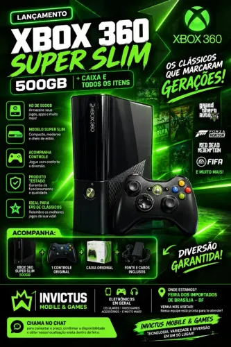 XBOX 360 SUPER SLIM 500GB + CAIXA E ACESSÓRIOS (DESBLOQUEADO) | INVICTUS MOBILE & GAMES