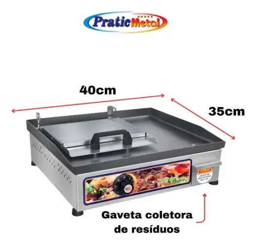 Chapa Elétrica 220v Para Lanche 40x35Cm Com Prensa e Coletor em Inox