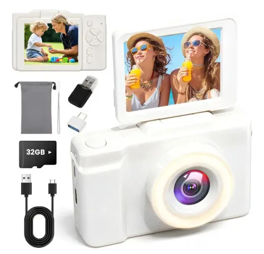 Câmera Digital HD 4k 48mp vlog vídeos com cartão SD de 32gb - branco