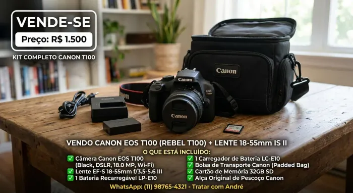 Câmera Canon EOS Rebel T100 + Lente 18-55mm - Perfeita Estado / Pronta para Uso