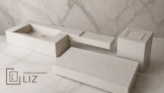 pia com bancada e lixeira em porcelanato, (estilo travertino romano)