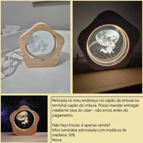 Mini luminária astronauta com moldura de madeira nova
