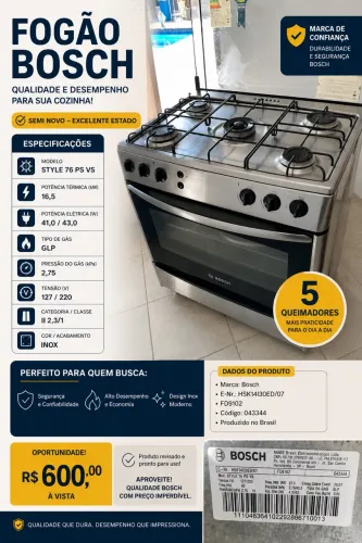 Fogão Bosch Style 5 Bocas Inox - Excelente Estado
