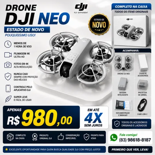 DJI Neo 4K Completo - Estado de Novo - R$ 950 em até 4x Sem Juros