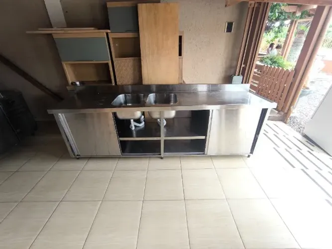 Bancada Pia Dupla Aço Inox Industrial Com Portas De Correr