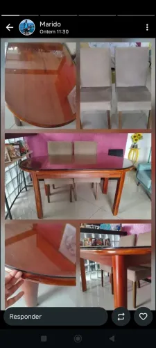 Mesa de jantar madeira  oval, 4 cadeiras acolchoada, com tampa de vidro de 7 mm