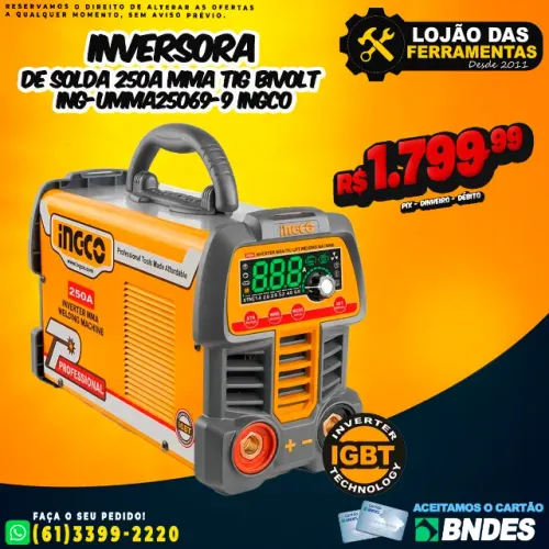 Inversora de Solda 250A MMA TIG Bivolt ING-UMMA25069-9 INGCO