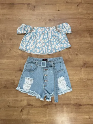 Cropped tam P ombro a ombro estampa azul e branco da Lança Perfume