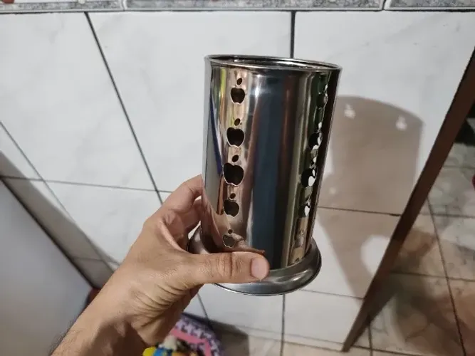 Porta Talher Escorredor De Talheres De Inox Redondo Vazado Com Base 16,5X12,5CM DE Ø Novo