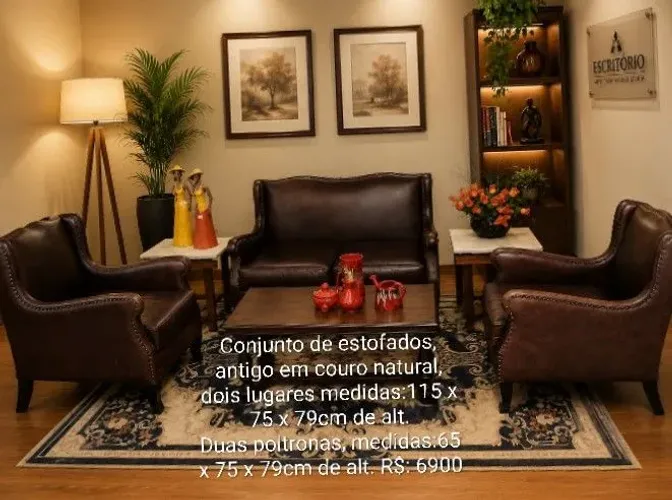 Conjunto de sofá de couro, 3 peças. Descrição na foto
