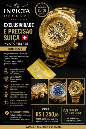 Relógio Invicta Reserve Collection Dourado - Maquinário Suíço Original (Swiss Made)