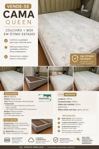 Cama Queen Mannes Molas Pocket + Box Bipartido Suede Cinza