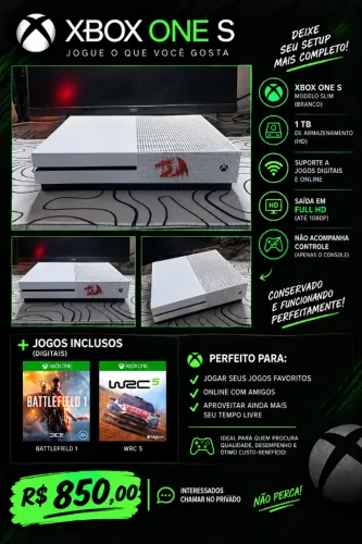 Xbox One S 1TB Branco + Jogos Inclusos e Cabos Originais