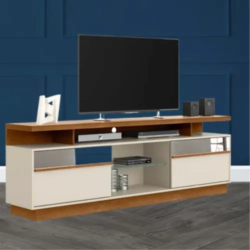 Rack para Sala 2m (cabe TV de até 70") MDF Branco e marrom com espelho