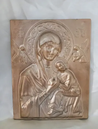 ESCULTURA ARTE SACRA QUADRO PAREDE MARIA MENINO JESUS BRONZE PATINADO DECORAÇÃO ESTATUÁRIO