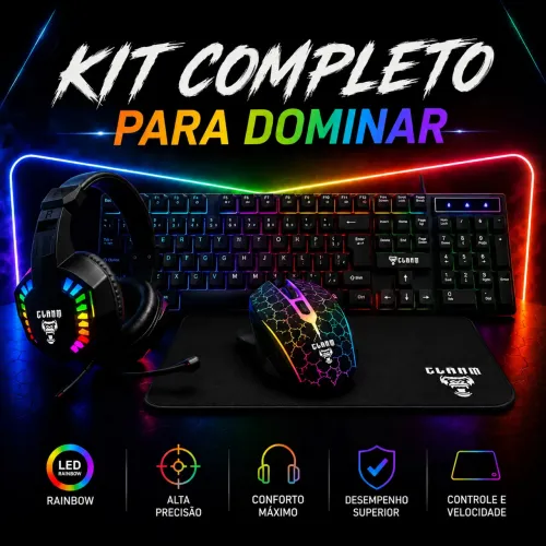 Kit Gamer Clanm Nightmare Headset Teclado Led Mouse Preto