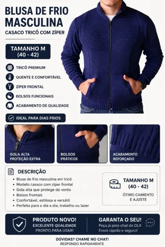 Blusa de Frio Masculina em Tricô com Zíper - Tamanho M (40-42)<br>