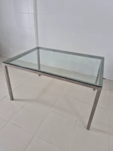 Mesa Jantar Base Aço Inox Tampo de Vidro 1,00x1,40cm
