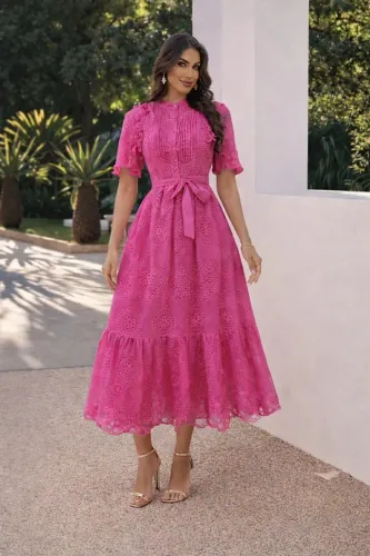 Vestido Rosa Midi Renda Lesse Algodão 