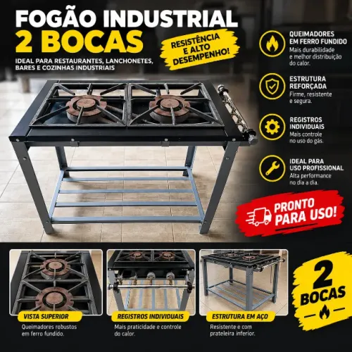 Fogão Industrial 2 Bocas a Gás - Estrutura Metálica e Prateleira Inferior - Venax - Usado