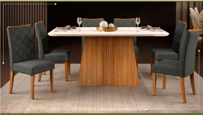 Mesa de Jantar Retangular  Raquel Plus com 6 Cadeiras Revestidas em Suede e Veludo