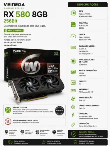 Placa de Vídeo Veineda RX 580 8GB GDDR5 256 Bits Dual Fan