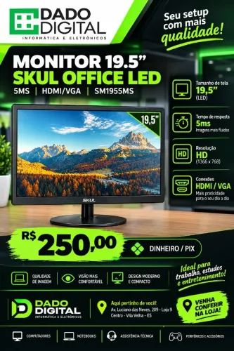 MONITOR 19.5" SKUL OFFICE LED 5MS COM ENTRADA HDMI/VGA SM1955MS - LOJA DADO DIGITAL